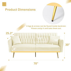 70” Velvet Futon Sofa Bed with 2 Pillows and Adjustable Armrests, Convertible Sleeper Bed W/Adjustable Backrests, Modern Loveseat for Living Room, Bedroom, Beige