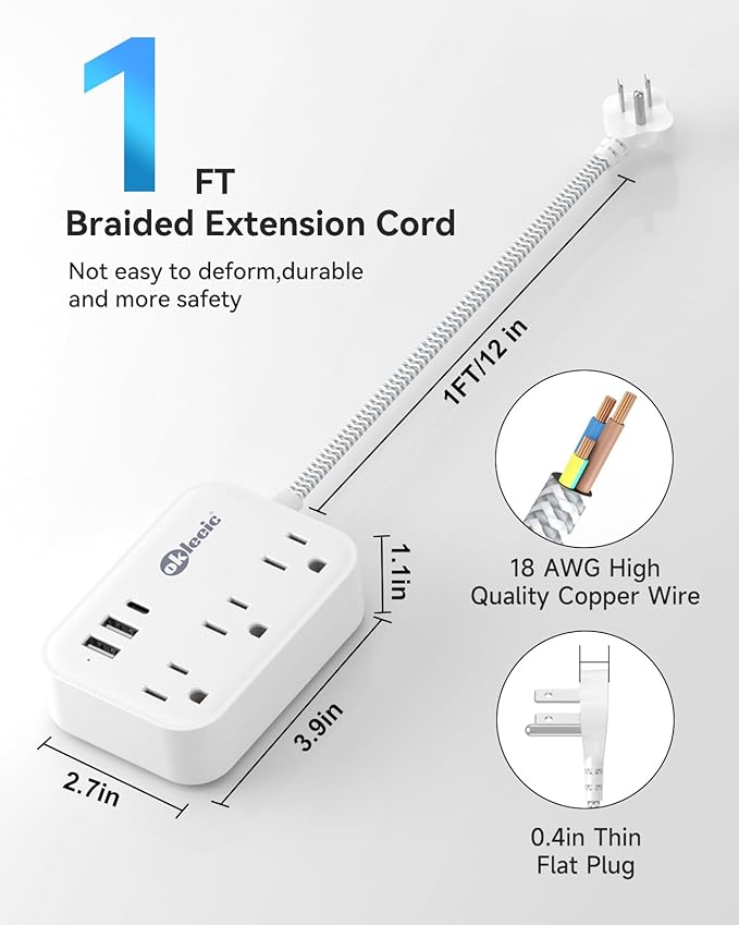 Short Extension Cord 1 ft - Flat Plug Small Power Strip No Surge Protetor with 3 Outlets 3 USB (1 USB C) Charging Ports, Multi Plug Small Outlet Splitter for Cruise Ship Home Office Dorm Room, White