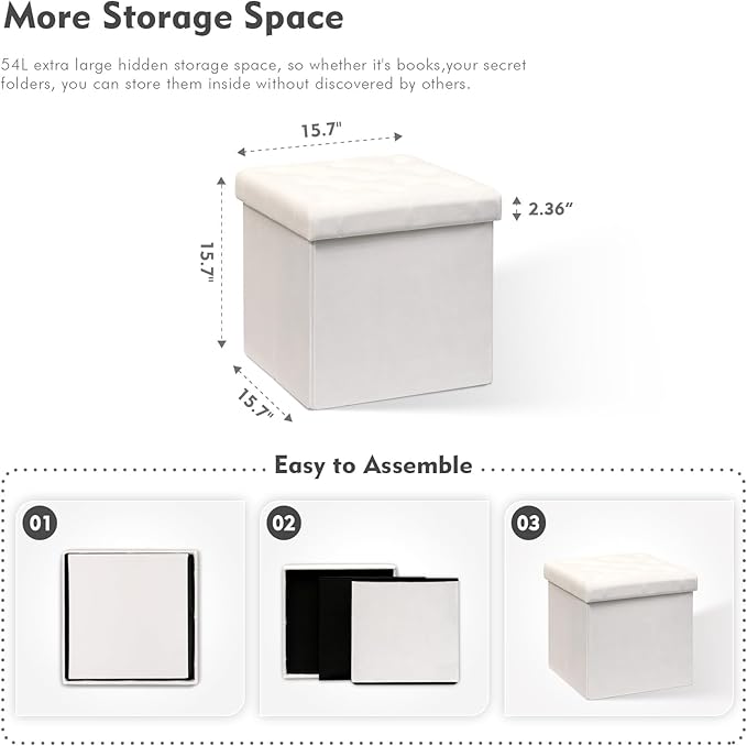 B FSOBEIIALEO Storage Ottoman Velvet Tufted Folding Ottomans Footstool Rest Seat with Removable Lid (White, Medium)