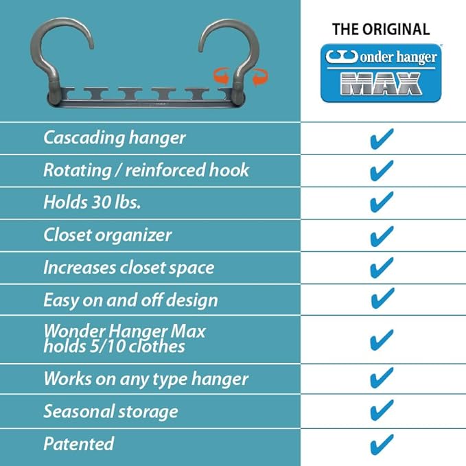 Wonder Hanger Max 10-Pack Space Saving Hangers, Reinforced Hooks Swivels 360°, Cascading Hanger, College Dorms & Storage Closet Organizer, Fully Assembled – Grey