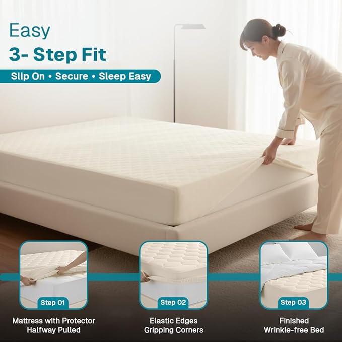 FABDREAMS Organic Quilted Mattress Protector Full Size | Mattress Pad| Mattress Cover| Naturally Breathable | Noiseless| Fits up to 17" Deep Pockets| Temperature Regulating | Ivory