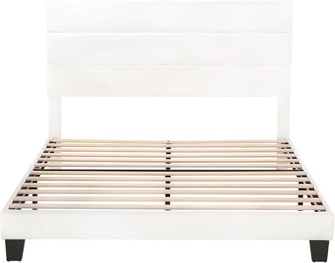 SHA CERLIN Full Platform Bed Frame with Velvet Upholstered Headboard, Mattress Foundation with Strong Wooden Slats Support, No Box Spring Needed, White