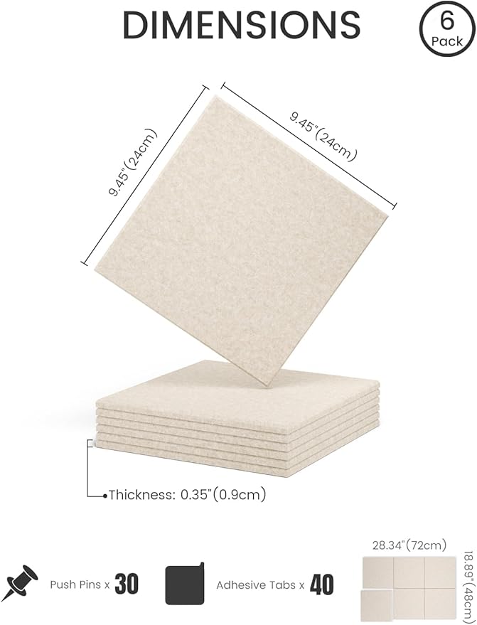 Felt Bulletin Board Tiles -28"x18" Cork Board Alternative for Office Decor, Push Pin Board Wall Organizer 6-Pack - Oatmeal