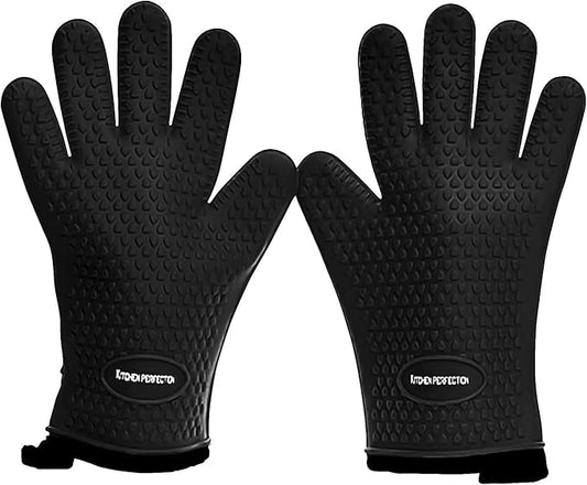 KITCHEN PERFECTION XL Silicone Smoker Oven Gloves -Extreme Heat Resistant BBQ Gloves -Handle Hot Food Right on Your Grill Fryer & Pit | Waterproof Oven Mitts Grill Gloves |Superior Value Set+3 Bonuses