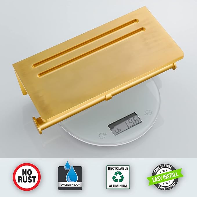 Double Toilet Paper Holder with Shelf, Commercial Toilet Paper Roll Dispenser Wall Mount with Cell Phone Storage Rack, Aluminium Fits Mega Roll Dual Toilet Paper Tissue Holder Brushed Gold