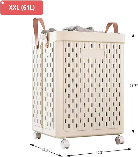 UAK Laundry Basket with Wheels, Collapsible Plastic Laundry Hamper with Handle, Foldable Laundry Basket Organizer for Laundry and Bathroom (Light Yellow, XXL)