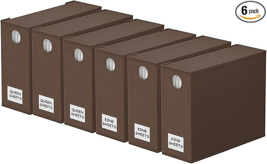 SpaceAid 6 Pack Bed Sheet Organizers and Storage, Foldable Sheet Organizer with Window for Linen Closet, Set Folder Keeper for Queen & King Size Bedding Storage (Brown)