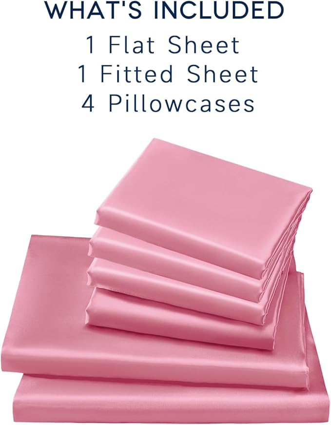 Satin Sheets Queen Size - 6 Pieces Luxury Silky Soft Bed Sheets, Wrinkle-Free Light Pink Satin Silk Sheet Set with 1 Deep Pocket Fitted Sheet, 1 Flat Sheet, 4 Pillow Cases