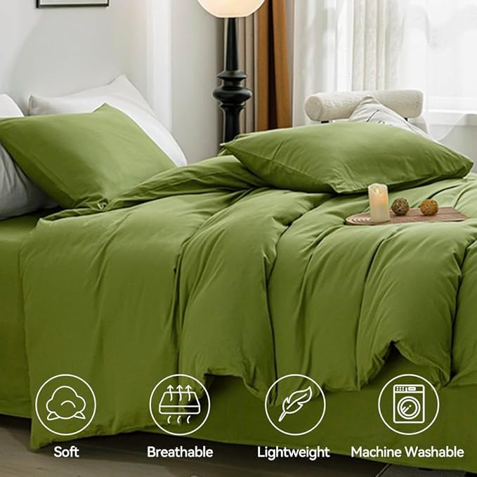 JELLYMONI Christams King Size - 100% Washed Cotton Linen Like Textured Comforter Cover, 3 Pieces Breathable Soft Bedding Set with Zipper Closure (Avocado Green, King 104"x90")