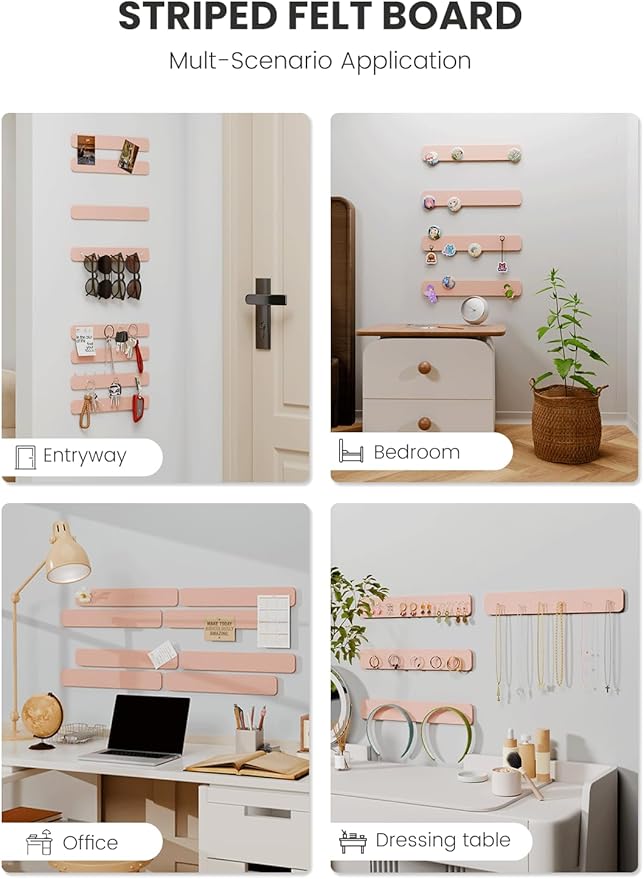 Cork Board Alternative Felt Strip Board 8-Pack 13"x2", Office Pin Board with 50 Push Pins, Adhesive Install for Bedroom Door & Home Office(Pink)