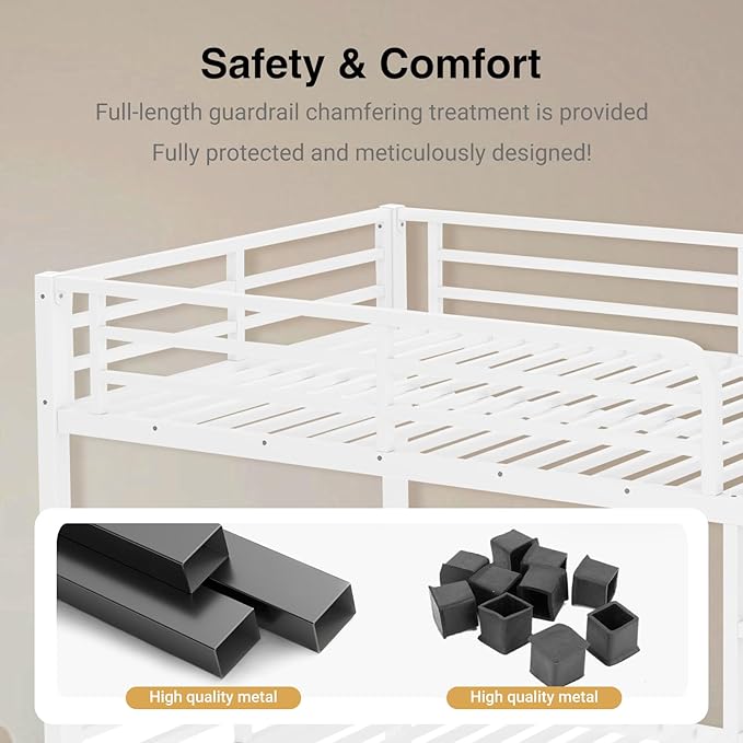 Full XL Over Full XL Bunk Bed, Metal Bunk Bed Frame Heavy Duty Bunk Beds Loft Bed Frame with Ladder and Guardrail Metal Slats No Box Spring Required for Adults Teens, White