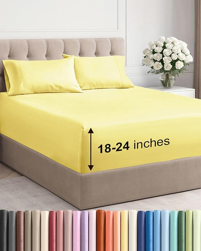 Extra Deep Pocket Cal King Sheets - 4 Piece Breathable & Cooling Bed Sheets - Hotel Luxury Bed Sheet Set - Soft, Wrinkle Free & Comfy - Easily Fits Extra Deep Mattresses - Deep Pocket Yellow Sheets