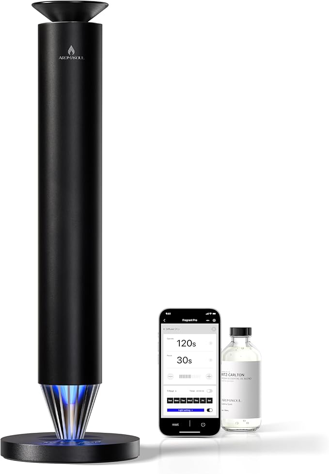 Waterless Scent Diffuser Starter Kit - 1500 Sq Ft Coverage, Alloy Atomization System,Mood Light,Smart Rechargeable Hotel Scent Diffuser, Including 120ml Essential Oil, for Home,Large Room,Spa,Black