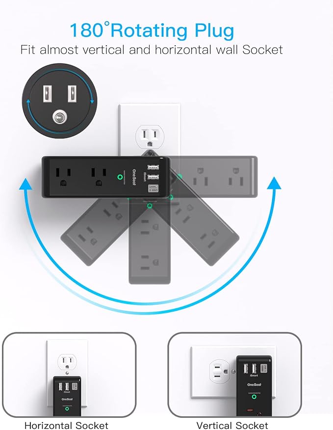 Surge Protector Outlet Extender with Rotating Plug, 6 AC Multi Plug Outlet with 3 USB Ports (1 USB C), 1800 J, 3-Sided Swivel Power Strip with Spaced Outlet Splitter for Dorm Office, Black-2 Pack