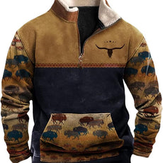 Western Sweatshirts for Men Aztec Cowboy Vintage Graphic Fleece Hoodie Mens Quarter Zip Pullover Country Jacket