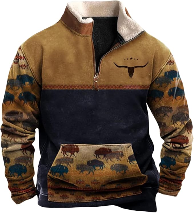 Western Sweatshirts for Men Aztec Cowboy Vintage Graphic Fleece Hoodie Mens Quarter Zip Pullover Country Jacket