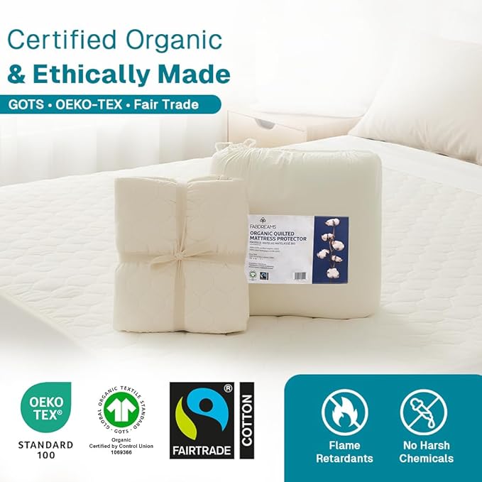 FABDREAMS Organic Quilted Mattress Protector King Size | Mattress Pad | Mattress Cover| Naturally Breathable | Noiseless| Fits up to 17" Deep Pockets| Temperature Regulating | Ivory