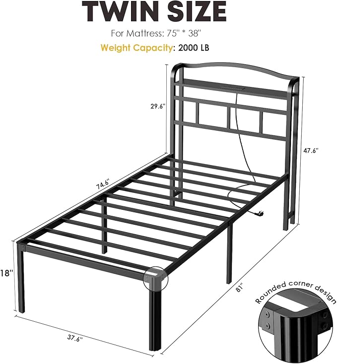 Twin Bed Frame - Heavy Duty Metal Bedframe with Storage Headboard Charging Station, Easy Assembly, No Box Spring Needed, 18 Inch, Black