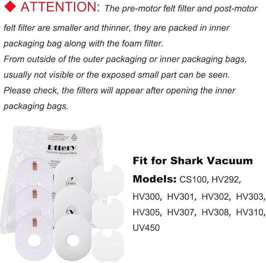 Dttery 3 Post + 3 Foam & Felt Filters Kit Replacement for Shark Rocket Ultra-Light Vacuum HV292, HV300, HV300W, HV301, HV302, HV303, HV305, HV308, HV310, UV450 Part XFFV300
