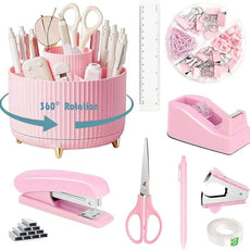 Desk Organizers and Accessories Set with 360-Degree Rotating Pen Holder, Tape Dispenser, Stapler, Staple Remover, 1000 Staples, Tape, Clips Set, Ruler, Scissor, Pen
