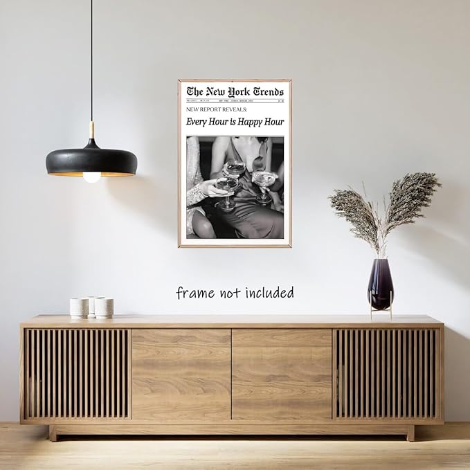 Retro New York Trends Wall Art Black and White Newspaper Poster Every Hour Is Happy Hour Canvas Prints Funky Feminist Posters Trendy Alcohol Wall Decor for Bar Cart Hot Girl Dorm Room Decorative 12x16inch Unframed