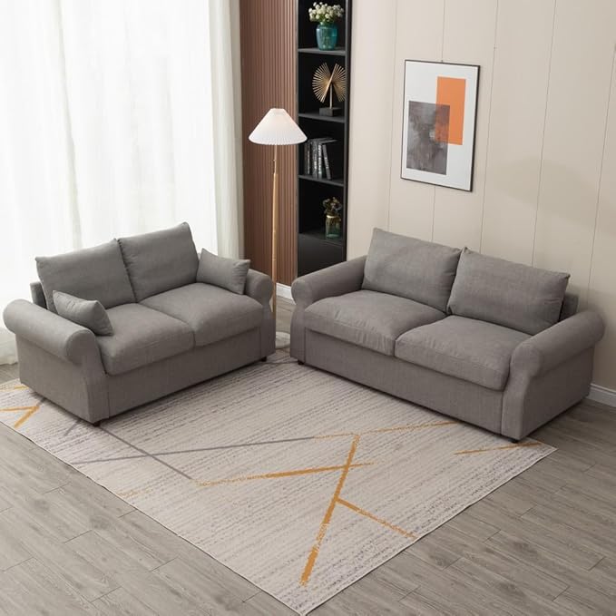 Panana Modern 2 and 3 Seats Loveseat Sofa Couch with Storage, Small Love Seat Couches for Living Room, Bedroom, Apartment, Office (Light Gray Linen Fabric, Scroll Arm - 2 and 3 Seater Set)