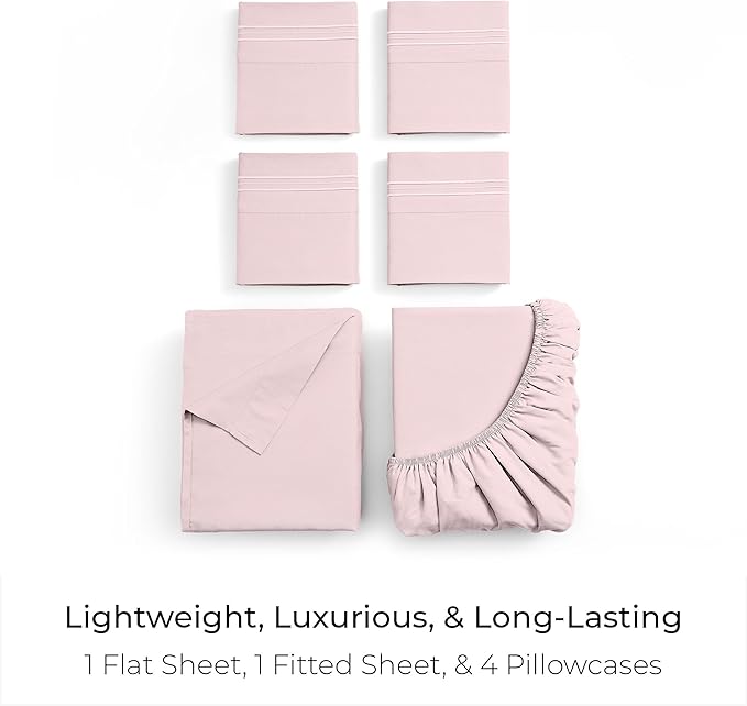 Mellanni Queen Sheet Set - 6-Piece Iconic Collection Bedding, (Including 4 Pillowcases), 16-Inch Deep Pocket, Easy Care, Extra Soft, Cooling Sheets, Brushed Microfiber - Blush Pink