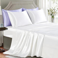 Satin Sheets California King Size - 4 Pieces Luxury Silky Soft Bed Sheets, Wrinkle-Free White Satin Silk Sheet Set with 1 Deep Pocket Fitted Sheet, 1 Flat Sheet, 2 Pillow Cases