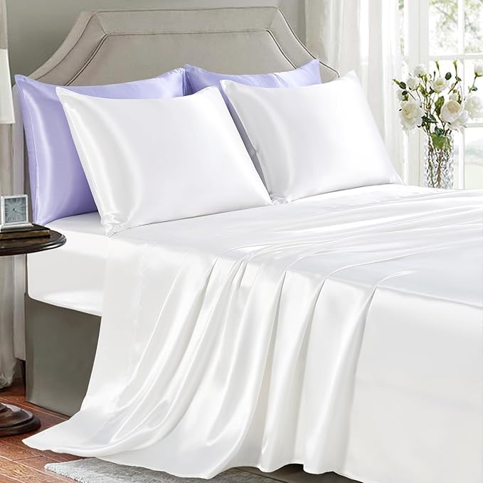 Satin Sheets Queen Size - 4 Pieces Luxury Silky Soft Bed Sheets, Wrinkle-Free White Satin Silk Sheet Set with 1 Deep Pocket Fitted Sheet, 1 Flat Sheet, 2 Pillow Cases