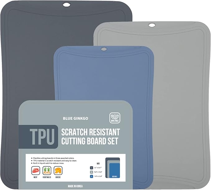 Blue Ginkgo TPU Cutting Mats [Set of 3] – Korean-Made Flexible, Knife-Friendly, Durable Kitchen Cutting Boards (Dark Gray, Gray, Blue)