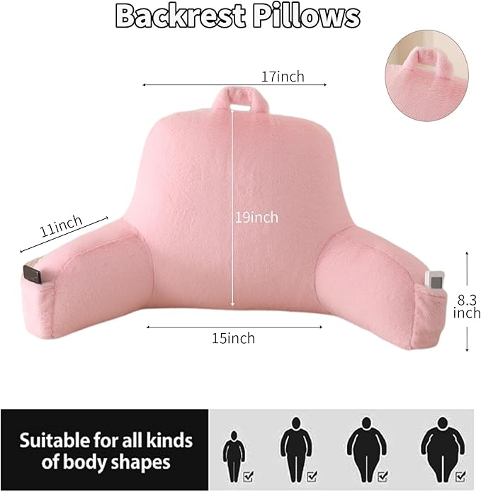 Reading Pillow for Sitting in Bed, Large Backrest Reading Pillow with Arm Rest,Back-Rest Support Cushion for Sit Up on Couch, Sofa, and Floor, Dorm Essentials (Pink Faux Fur, Large(19"))
