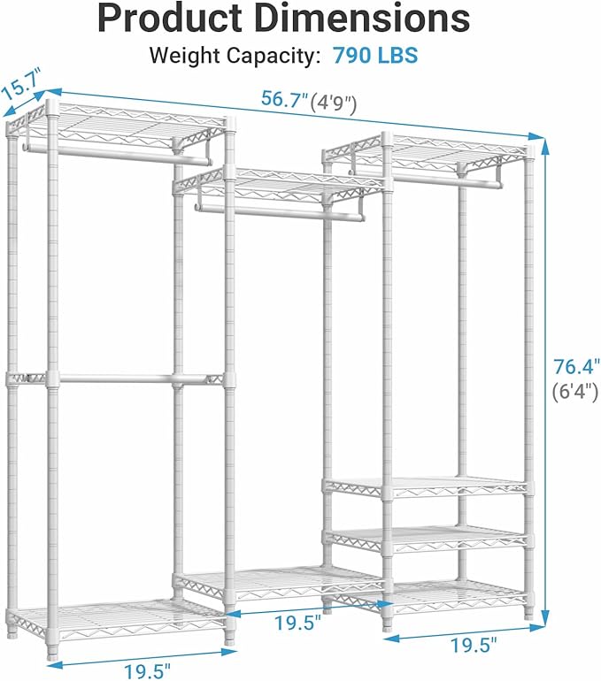 VIPEK V5 Medium Portable Closet Wardrobe Heavy Duty Clothes Rack, Freestanding Closet Metal Clothing Rack with 4 Hang Rods & 8 Shelves, Adjustable Custom Closet Rack, 56.7" Lx15.7 Wx76.4 H, White