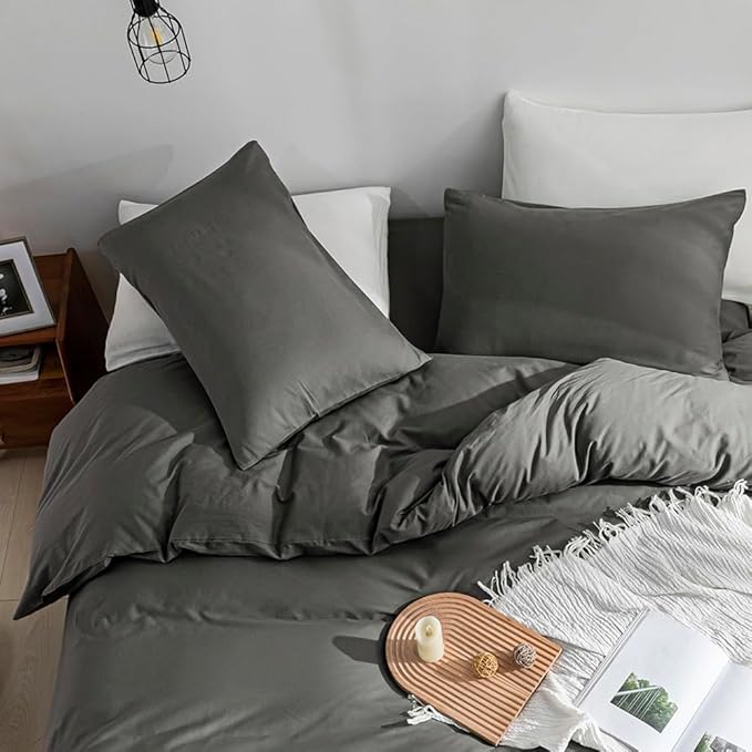 JELLYMONI Gray Duvet Cover Full Size - 100% Washed Cotton Linen Like Textured Comforter Cover, 3 Pieces Breathable Soft Bedding Set with Zipper Closure (Dark Gray, Full 80"x90")