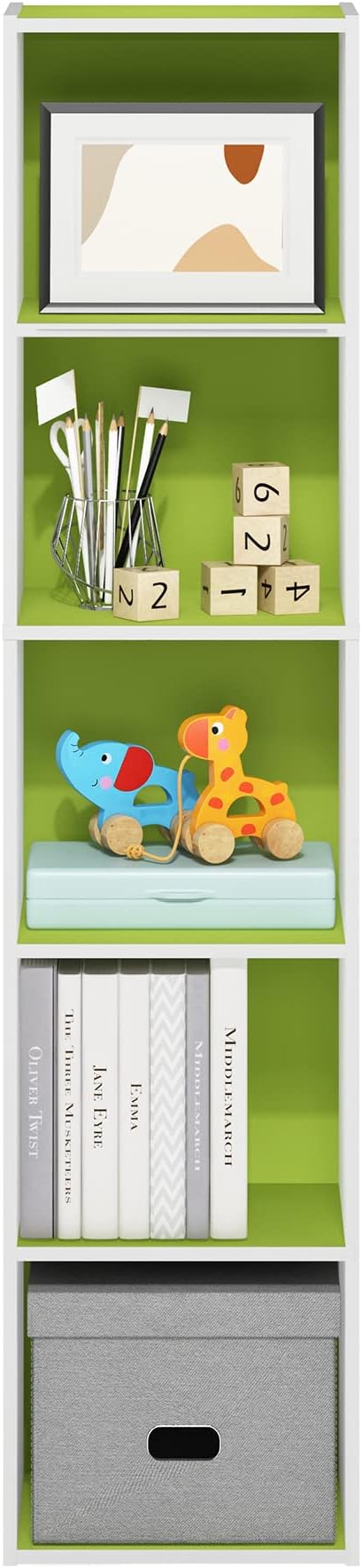 Furinno PASIR Book Shelf, 5-Tier Modern Bookshelf, Open Shelves Bookcase 9 x 12 x 52, for Living Room, Bedroom, Home Office, Green/White