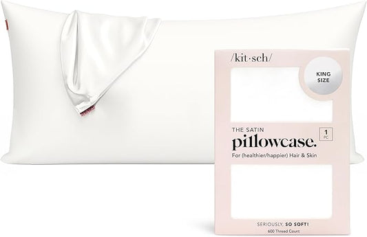 Kitsch Satin Pillowcase, Softer Than Silk Pillow Cases King, Cooling Pillow Covers, Satin Pillowcase with Zipper for Hair, Skin & Quality Sleep, Wrinkle-Free & Smooth, King Size 19"x36", Ivory
