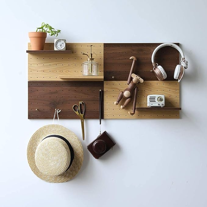 Wooden Pegboard Modular Display Organization Storage Wall Hooks Shelf 15.2in x 7.6in 2-Pack (Color:Walnut)