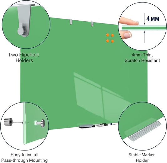 TSJ OFFICE Glass Dry-Erase Board - 48 x 36 Inches Wall Mounted Magnetic Whiteboard, Large Frameless Glass White Board for Office, Home & School, Green