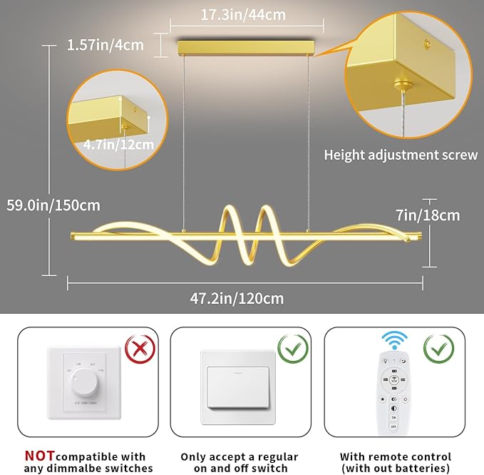 Modern LED Pendant Lights, 47in Gold Chandelier Dimmable with Remote Control 3000k-6000K Adjustable Color Temperature, Aluminum Island Lighting Lamp Fixture for Kitchen, Dining Room