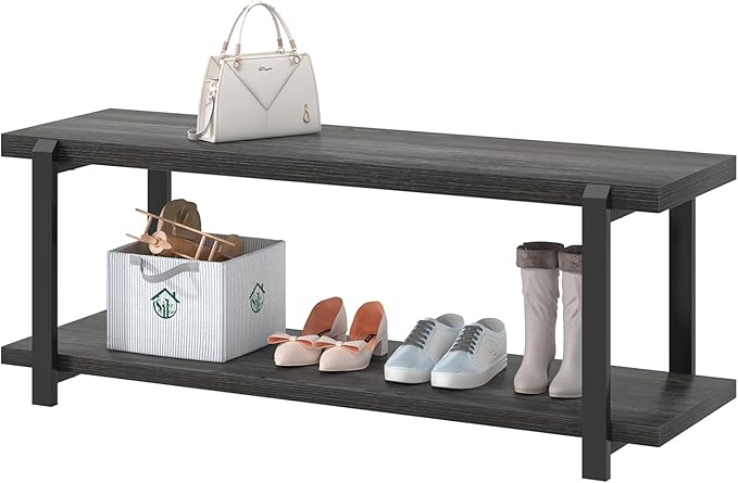 FOLUBAN 47 Inch Shoe Storage Bench, Rustic Wood and Metal Entryway Bench for Hallway Front Door Entrance, Vintage Indoor Shoe Rack Bench Seat for Bedroom Living Room, Dark Gray