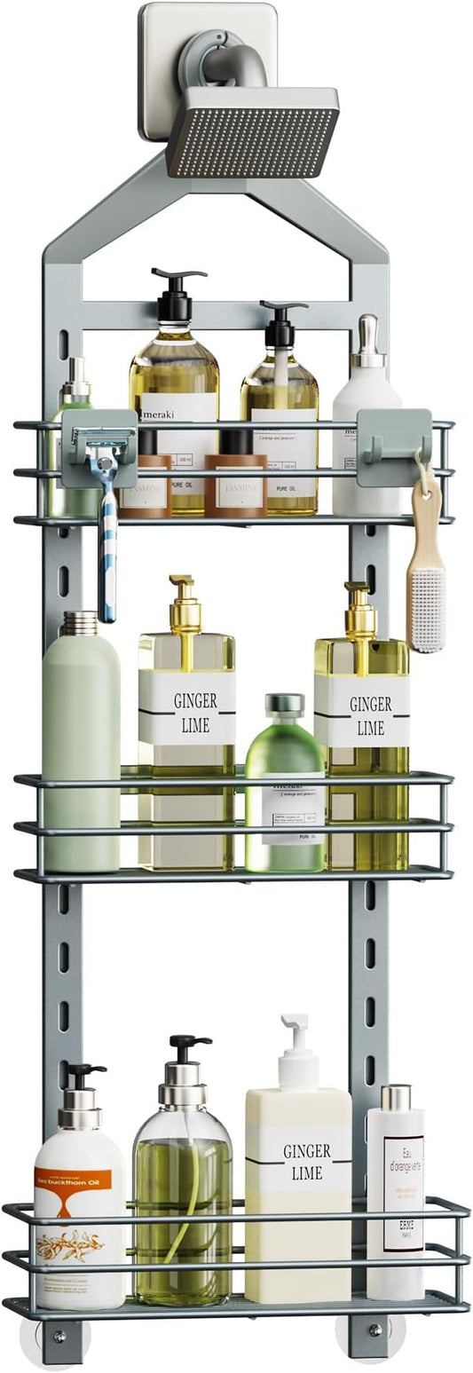 Orimade Adjustable Anti-slip Shower Caddy Overhead, Rustproof Hanging Shower Organizer With 2 Razor Hooks - No Drilling, 3-Tier Shelves, Silver Grey