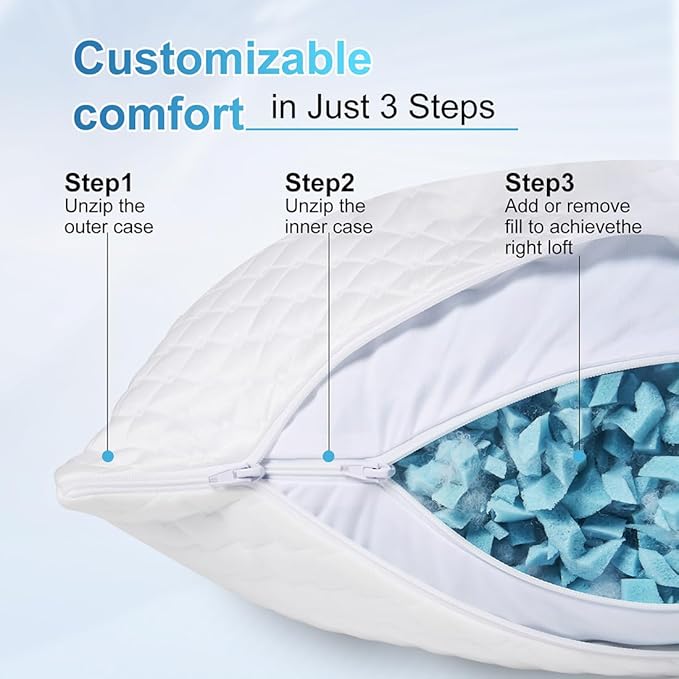 NTCOCO Cooling Bed Pillows Standard Size Pack of 2 for Sleeping Shredded Memory Foam Bed Pillows Adjustable Gel for Side Stomach Back Sleepers Washable Removable Cover