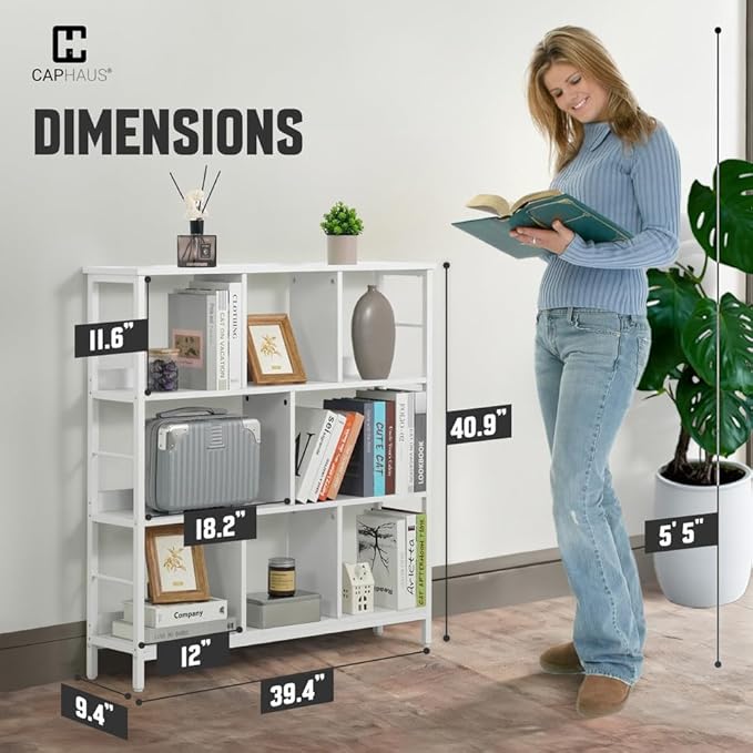 CAPHAUS 8 Cube Storage Organizer, 40” Wide 3 Tier White Industrial Open Shelf Bookcase, Display Shelf, Horizontal Bookshelf with Metal Frame, Wooden Board, for Living Room, Bedroom, Office