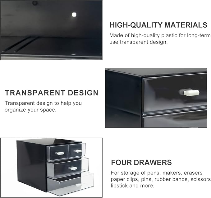 Desk Organizer with Drawer, Desk Storage Box, Plastic Office Stationery Supplies Organizers, Desktop Organizer for Office School Home (4 drawer, Black)