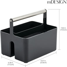 mDesign Plastic Shower Caddy Storage Organizer Utility Tote, Divided Basket Bin - Metal Handle for Bathroom, Dorm, Kitchen, Holds Soap, Shampoo, Conditioner - Aura Collection - Black/Brushed Chrome