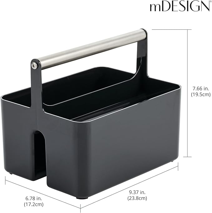 mDesign Plastic Shower Caddy Storage Organizer Utility Tote, Divided Basket Bin - Metal Handle for Bathroom, Dorm, Kitchen, Holds Soap, Shampoo, Conditioner - Aura Collection - Black/Brushed Chrome