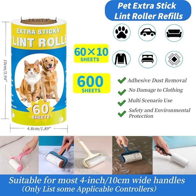 Lint Rollers Refills for Pet Hair Extra Sticky 600 Sheets Portable Pet Lint Remover for Clothes, Furniture, Carpet, Dog and Cat Hair Removal