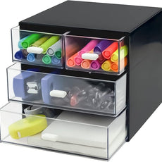 Desk Organizer with Drawer, Desk Storage Box, Plastic Office Stationery Supplies Organizers, Desktop Organizer for Office School Home (4 drawer, Black)