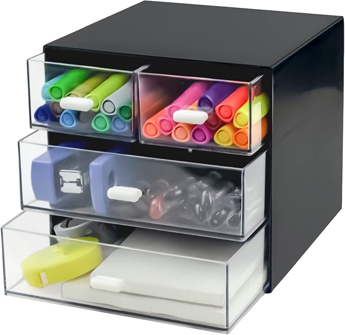 Desk Organizer with Drawer, Desk Storage Box, Plastic Office Stationery Supplies Organizers, Desktop Organizer for Office School Home (4 drawer, Black)