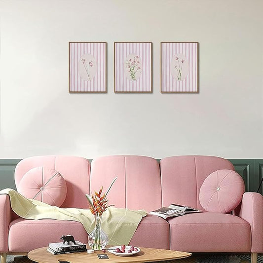 KISSFOX 3 Piece Floral Framed Wall Art Pink Wildflower Canvas Wall Art Flower Pictures Wall Decor Boho Botanical Paintings Poster Wall Decor For Girly Room Bedroom Apartment Dorm Living Room