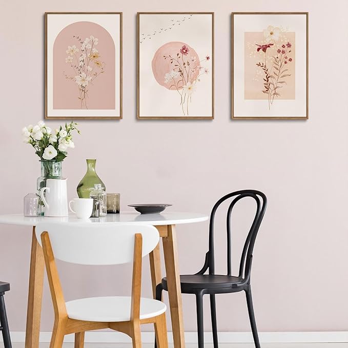 KISSFOX 3 Piece Framed Wall Art Botanical Wall Decor Pink Flower Pictures Wildflowers Canvas Art Watercolor Floral Paintings Minimalist Boho Artwork for Living Room Bedroom Office